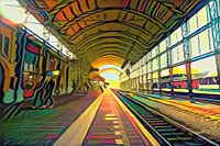 Gemälde des Haarlemer Bahnhofs im Stil von Picasso