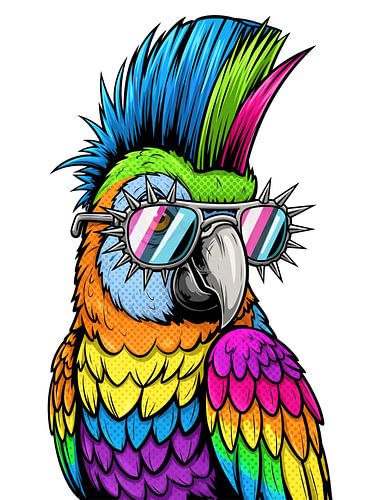 Perroquet de dessin animé avec mohawk et lunettes de soleil à pointes