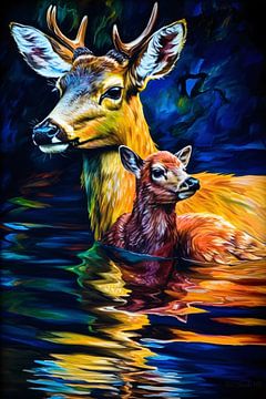 Moederhert en fawn in ochtendgloren van Art & Soul Creations