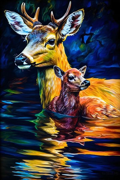 Moederhert en fawn in ochtendgloren van Art & Soul Creations