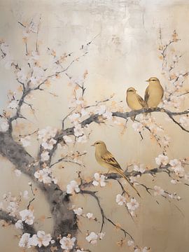 Japandi, Vogeltjes op Amandelbloesem in de stijl van Vincent van Gogh van Caroline Guerain