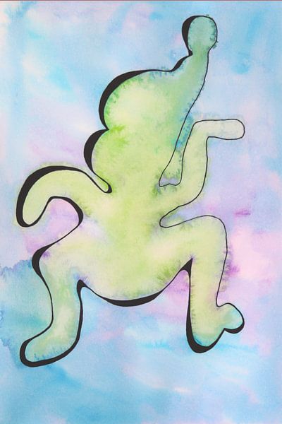 blauw 1 aquarel van vrolijk dansende figuurtjes in line-art stijl van Atelier Mirandala