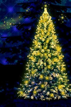Kerstboom met gouden lichtjes van Helga Blanke