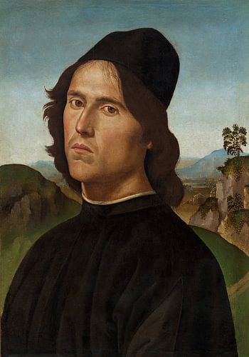 Portret van Lorenzo di Credi (1488) door Pietro Perugino. Retro in zwart, bruin, blauw, groen