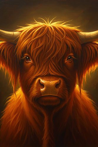 Portrait d'un Highlander dans une lumière dorée — décoration murale pittoresque pour le salon sur Ellen Van Loon
