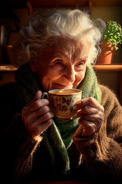 Lächelnde ältere Dame mit Tasse Kaffee von Poster Art Shop