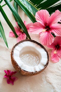 Coconut with hibiscus flowers - tropical flair by Poster Art Shop