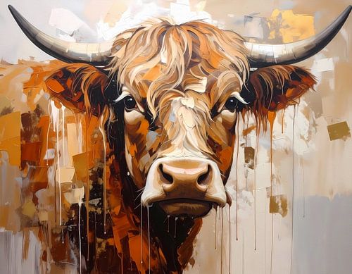 Koe met hoorns en lange haren in oranje bruin kleuren