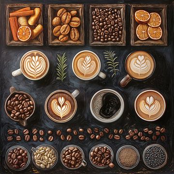 poster with coffee beans, coffee cups and barista art by Margriet Hulsker