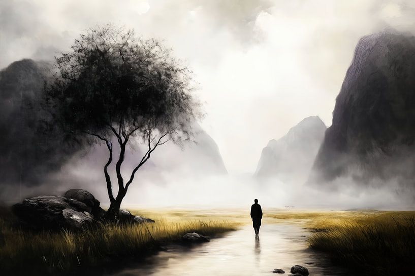 Hikers in the misty valley by Frank Heinz