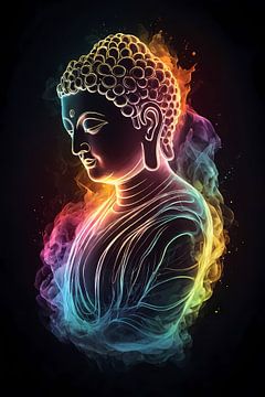 Bouddha serein dans une lumière spectrale colorée sur De Muurdecoratie