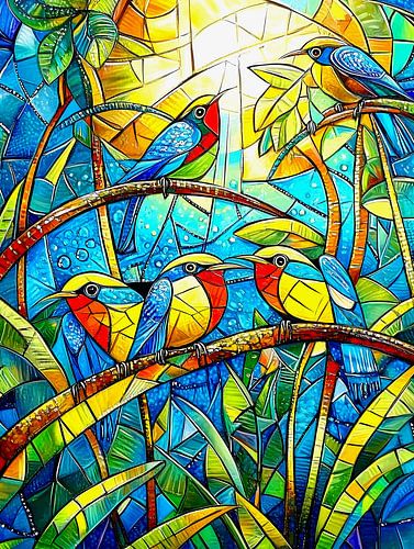 Abstract tropische vogels glas-in-lood