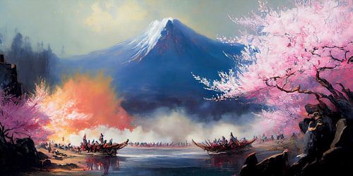 Een veldslag voor Mount Fuji tijdens de Sengoku periode