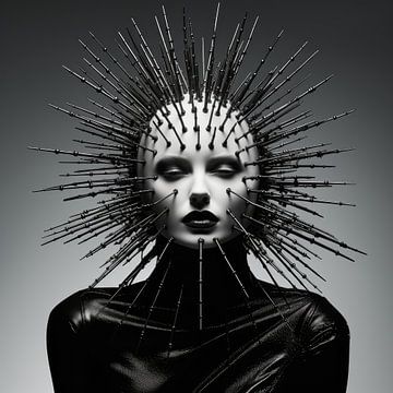 Digital erstellt sehr schöne sexy Frau mit bizarren Fetisch Maske in High Fashion Stil von Art Bizarre