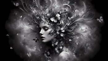 Black and white woman in the fog - Mystical silhouette