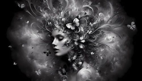 Zwart-witte vrouw in de mist - Mystiek silhouet