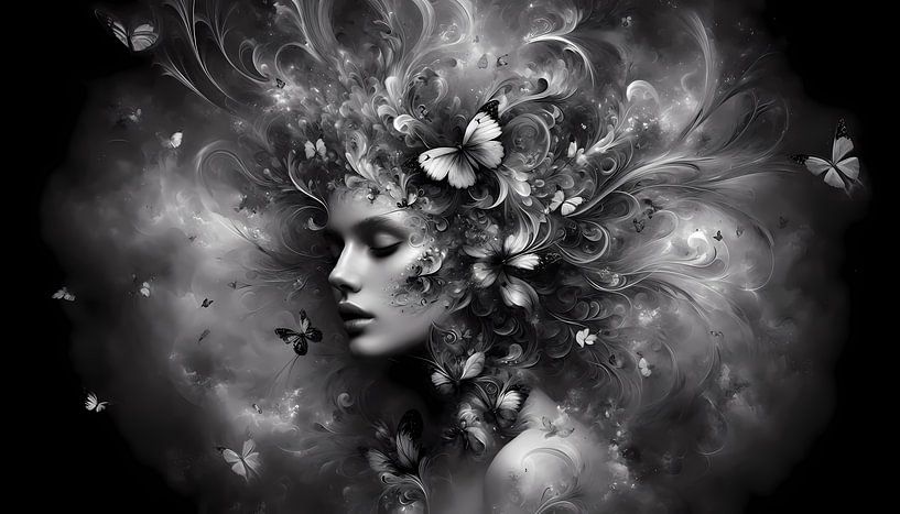Zwart-witte vrouw in de mist - Mystiek silhouet van ButterflyPix