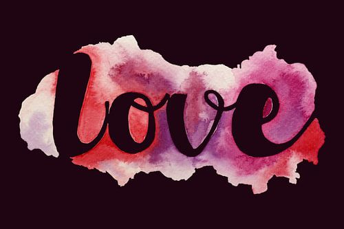 Love (cheerful abstract watercolor painting Valentine typography love heart love pink purple)