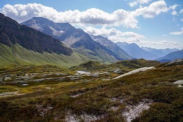 Sommerliche Berglandschaft in der Schweiz mit grünen Almen und markanten Gipfeln. von Miriam Schwarzfischer Fotografie