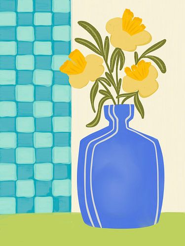 Fleurs jaunes dans un vase bleu