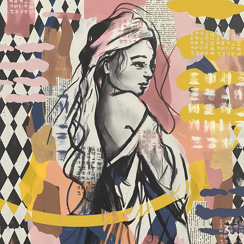 Portret vrouw in grijs roze oker zwart en beige