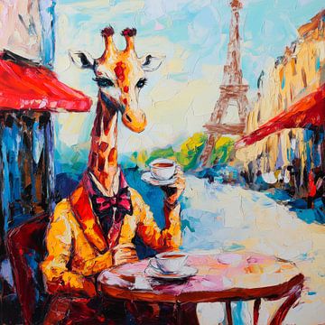 Giraffe met koffie in Parijs van Poster Art Shop