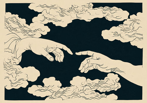 Heavenly Touch – Line drawing of hands and clouds