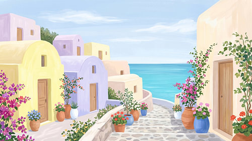Les rues de l'île aux couleurs pastel au bord de l'océan