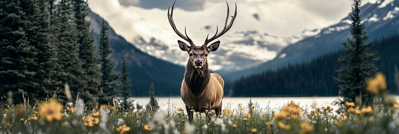 Deer surrounded by summer flowers and lush landscape by Digitale Schilderijen