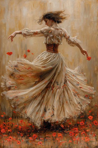 Vrolijk dansende dame in klaprozenveld in beige zomerjurk van Margriet Hulsker