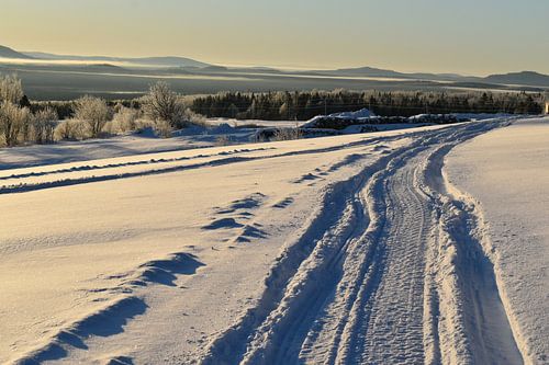 Een sneeuwscooterpad in een veld in de winter