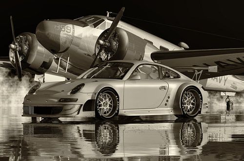 Foto in zwart-wit van een Porsche 911 GT 3 RS, de ultieme sportwagen
