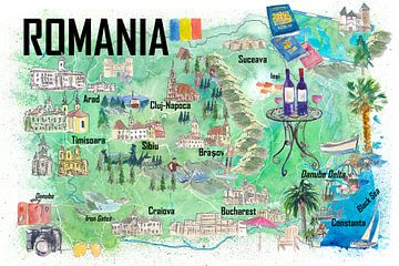 Geïllustreerde reiskaart van Roemenië met wegen en toeristische hoogtepunten van Markus Bleichner