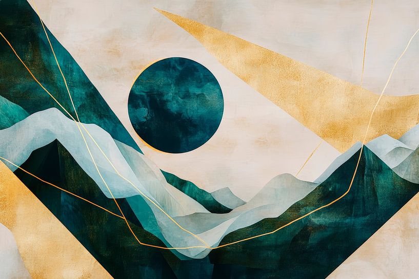 Geometrische Berge mit goldener Sonne von Poster Art Shop