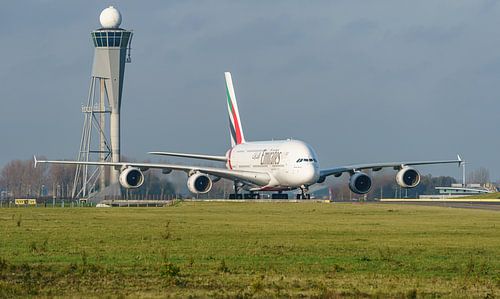 Emirates Airbus A380 has arrived at Schiphol Airport.