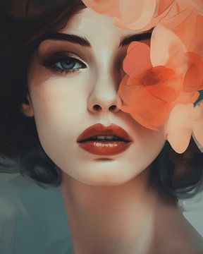 Close-up portret van een jonge vrouw met oranje bloem van Carla Van Iersel