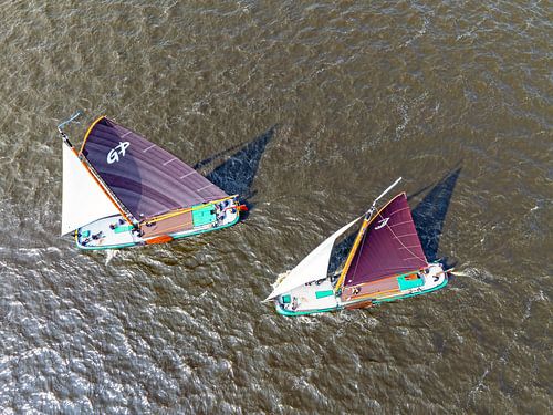 Aerial top shot of a skutsjessilen competition on the Heegermeer in Friesland Netherlands