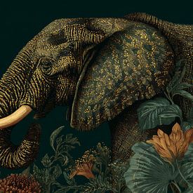 Elefant in botanischem Gold Frieden und Stärke im Detail von Eva Lee