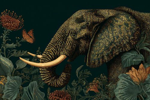 Elephant in Botanical Gold Peace and Strength in Detail
