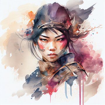 Watercolor Asian Warrior Woman #3 by Chromatic Fusion Studio
