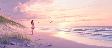 Vrouw op het strand bij zonsondergang van Poster Art Shop