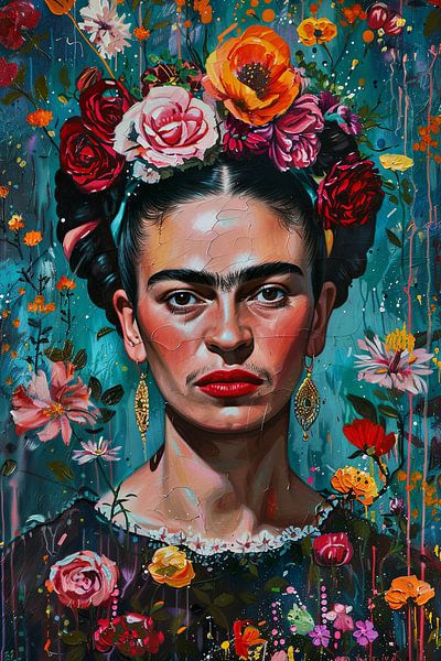 Fridas florale Metamorphose – Sinnliches Porträt in lebhafter Blumenpracht von Poster Art Shop