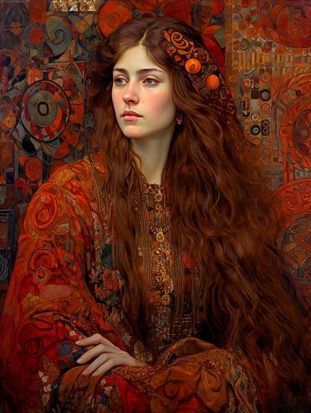 Portrait of a woman in shades of red by Carla van Zomeren