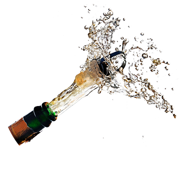 Champagnefles explosie met kurk knallende plons geïsoleerd tegen een witte achtergrond, kopieerruimt van Maren Winter