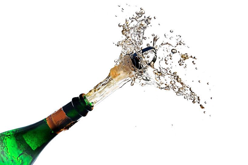 champagne bottle explosion with cork popping splash isolated against a white background, copy space, by Maren Winter