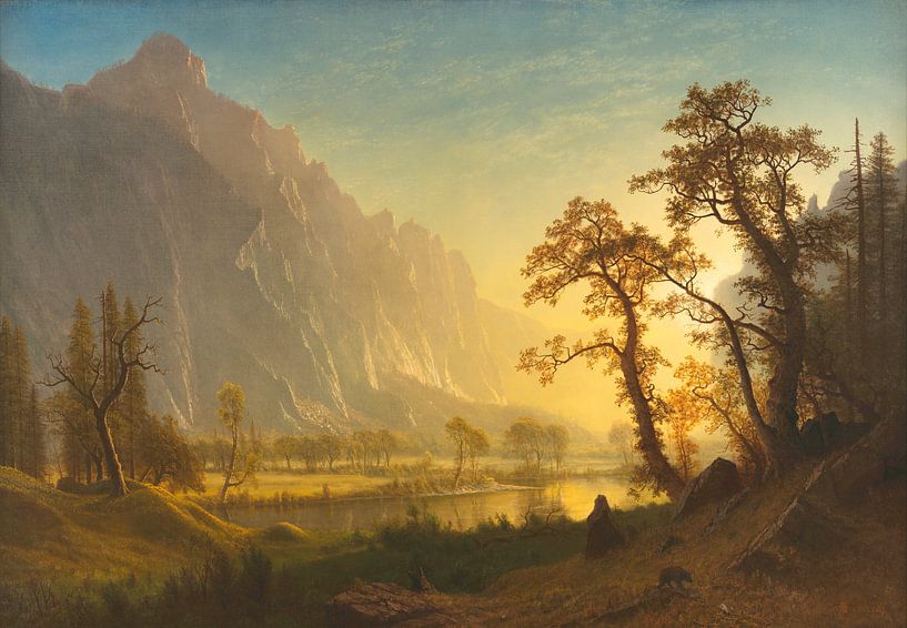 Zonsopgang, Yosemite Valley, Albert Bierstadt van Meesterlijcke Meesters