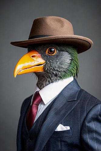 Vogel draagt pak en hoed