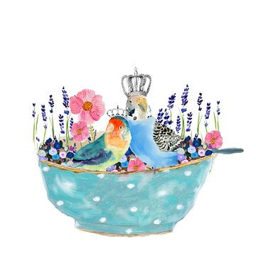 Vogel in der Schüssel mit Lavendel und Blumen