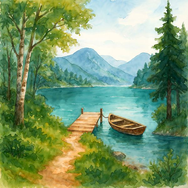 Stilte aan het Scandinavisch meer (AI) (boot, steiger, natuur, rust, bergen, Noorwegen, Zweden, Finland, aquarel, schilderij, verf, reizen, vrijheid)) van Natalie Bruns