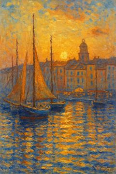 Saint-Tropez Sonnenuntergang Glühen - Monet-inspirierten Hafen Impressionist Print von Travel Shop